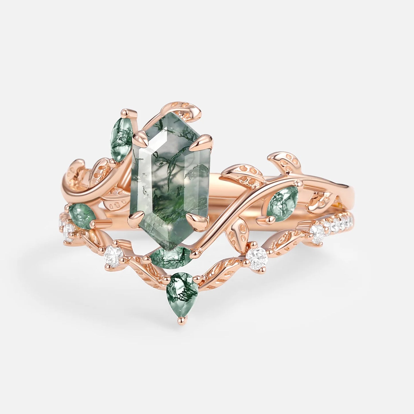 Green Moss Agate Long Hexagon Vine Engagement Ring Set 2Pcs - Daphne