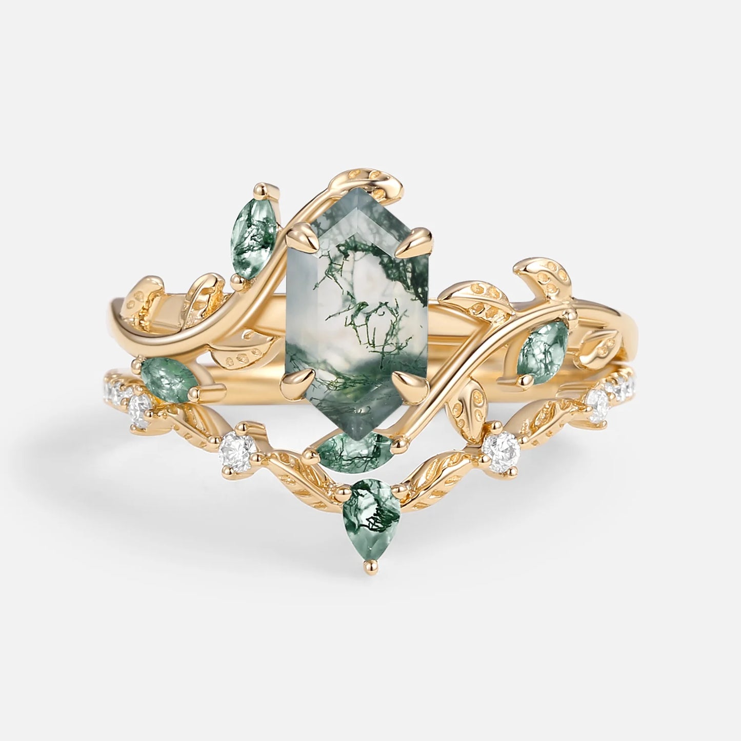 Green Moss Agate Long Hexagon Vine Engagement Ring Set 2Pcs - Daphne