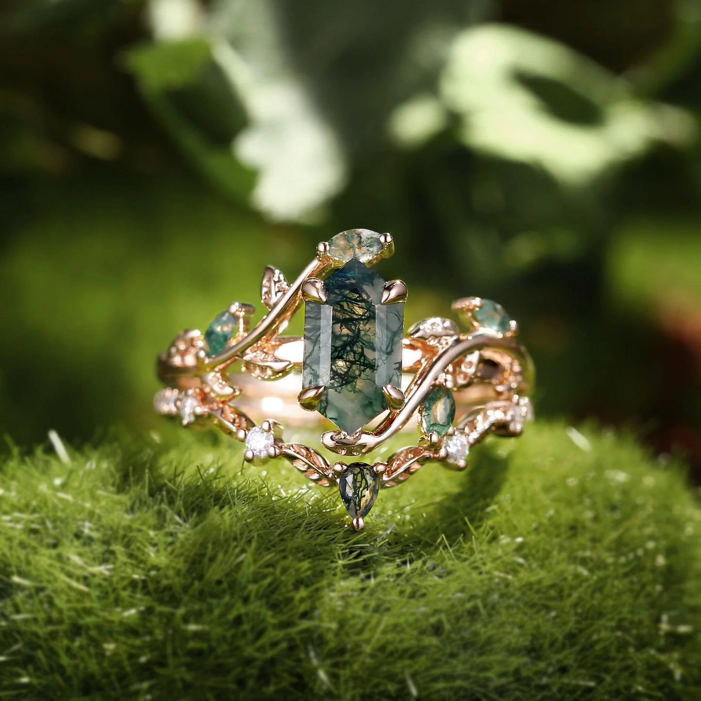 Green Moss Agate Long Hexagon Vine Engagement Ring Set 2Pcs - Daphne
