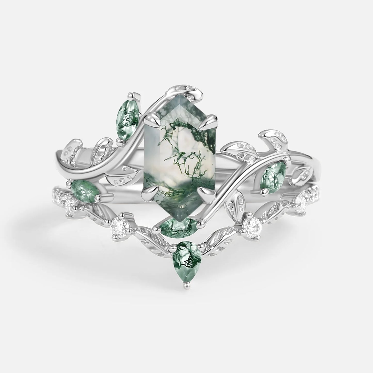 Green Moss Agate Long Hexagon Vine Engagement Ring Set 2Pcs - Daphne