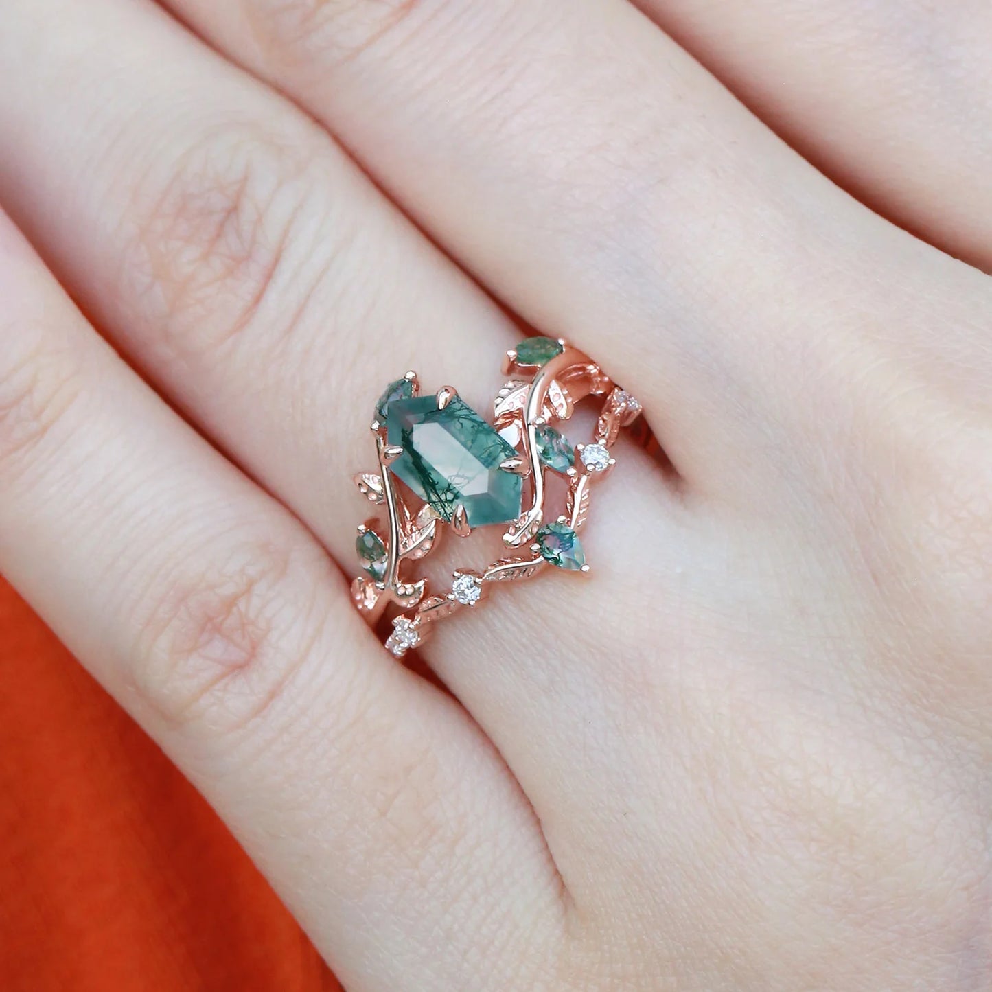 Green Moss Agate Long Hexagon Vine Engagement Ring Set 2Pcs - Daphne