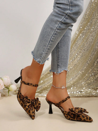New Arrival Pointed Toe Leopard Print Bow Decor Mid Heel Mules, Fashionable EU Style, Early Autumn