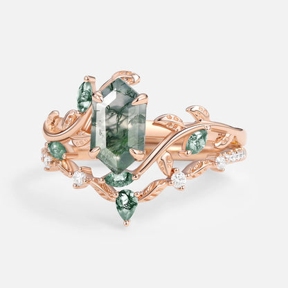 Green Moss Agate Long Hexagon Vine Engagement Ring Set 2Pcs - Daphne