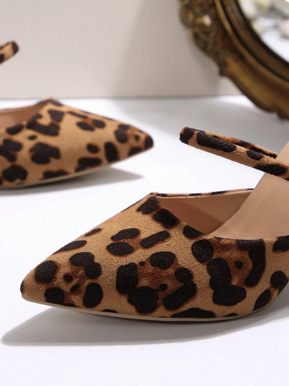 New Arrival Pointed Toe Leopard Print Bow Decor Mid Heel Mules, Fashionable EU Style, Early Autumn