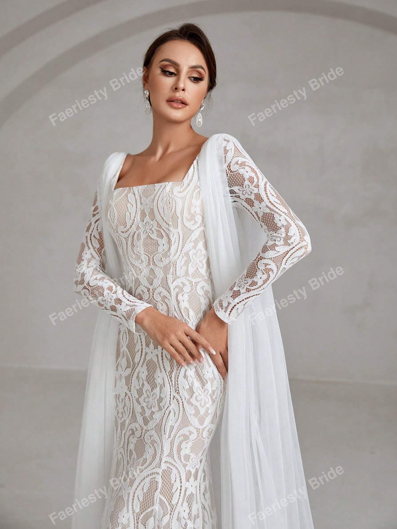 Faeriesty Elegant Square Neckline Long-Sleeve Mermaid Wedding Dress Bridal Gown with Sheer Organza Cape Detailing – Perfect for Church Ceremonies, Formal Galas, Destination Weddings, Luxurious Evening Receptions, and Grand Cathedral Celebrations
