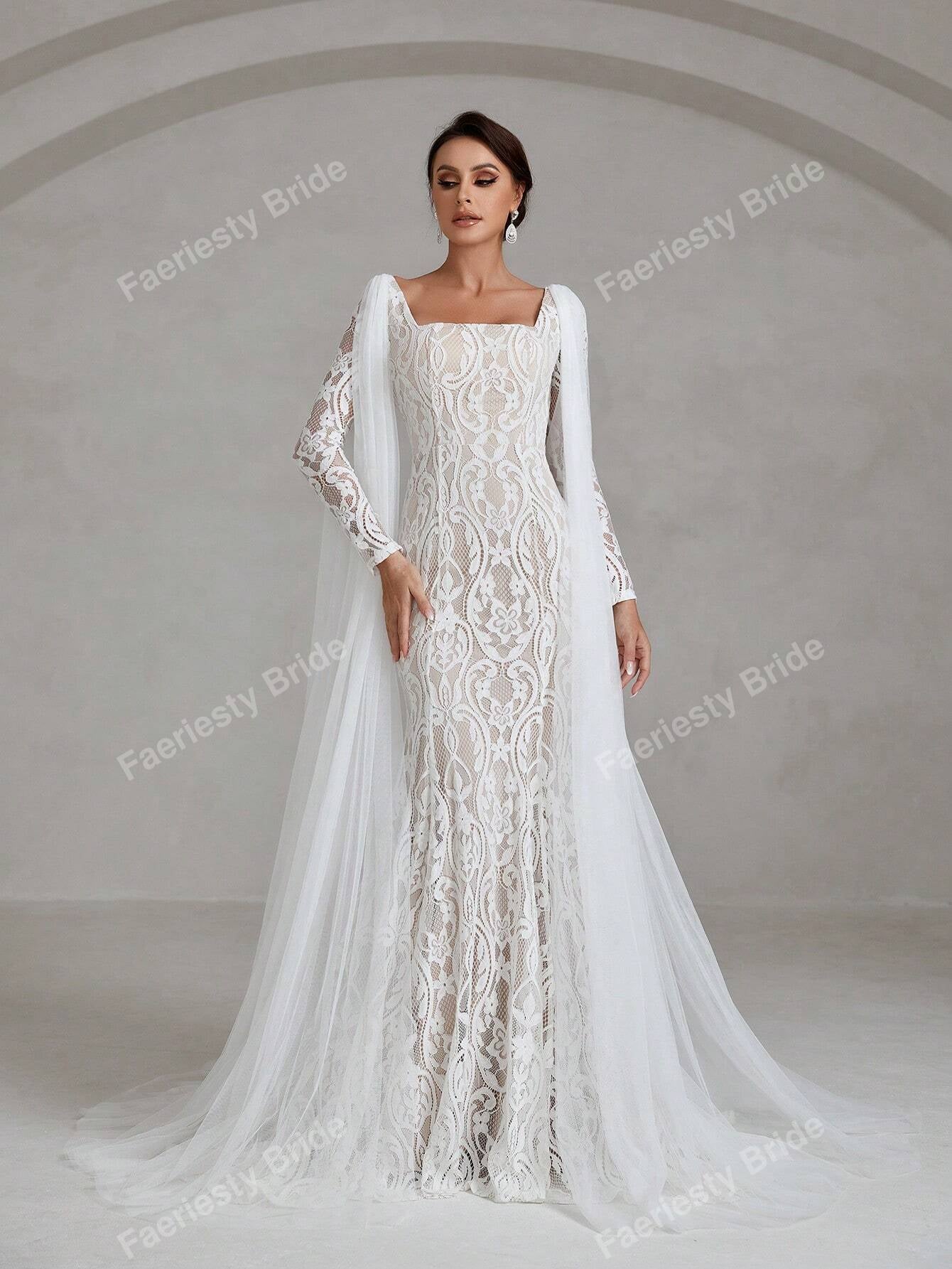 Faeriesty Elegant Square Neckline Long-Sleeve Mermaid Wedding Dress Bridal Gown with Sheer Organza Cape Detailing – Perfect for Church Ceremonies, Formal Galas, Destination Weddings, Luxurious Evening Receptions, and Grand Cathedral Celebrations