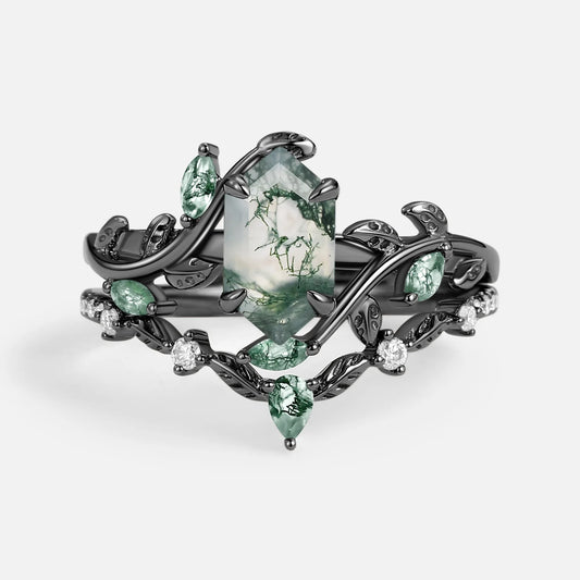 Green Moss Agate Long Hexagon Vine Engagement Ring Set 2Pcs - Daphne
