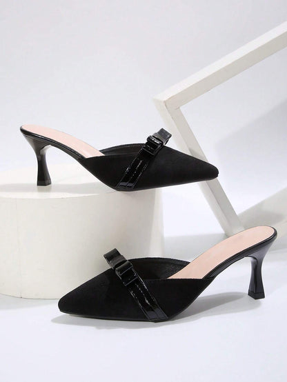 New Arrival Pointed Toe Leopard Print Bow Decor Mid Heel Mules, Fashionable EU Style, Early Autumn
