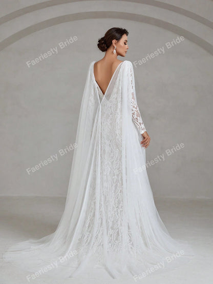 Faeriesty Elegant Square Neckline Long-Sleeve Mermaid Wedding Dress Bridal Gown with Sheer Organza Cape Detailing – Perfect for Church Ceremonies, Formal Galas, Destination Weddings, Luxurious Evening Receptions, and Grand Cathedral Celebrations
