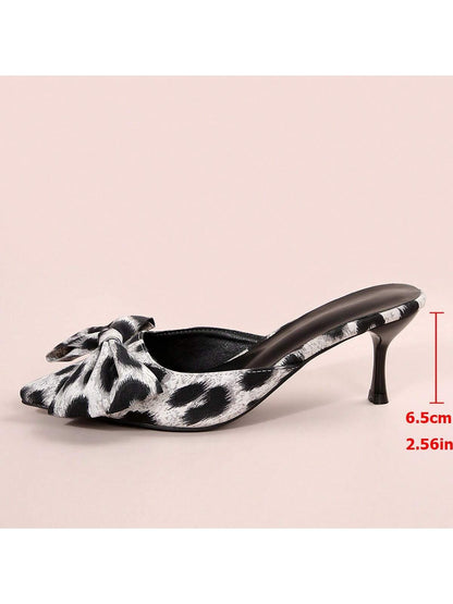 New Arrival Pointed Toe Leopard Print Bow Decor Mid Heel Mules, Fashionable EU Style, Early Autumn