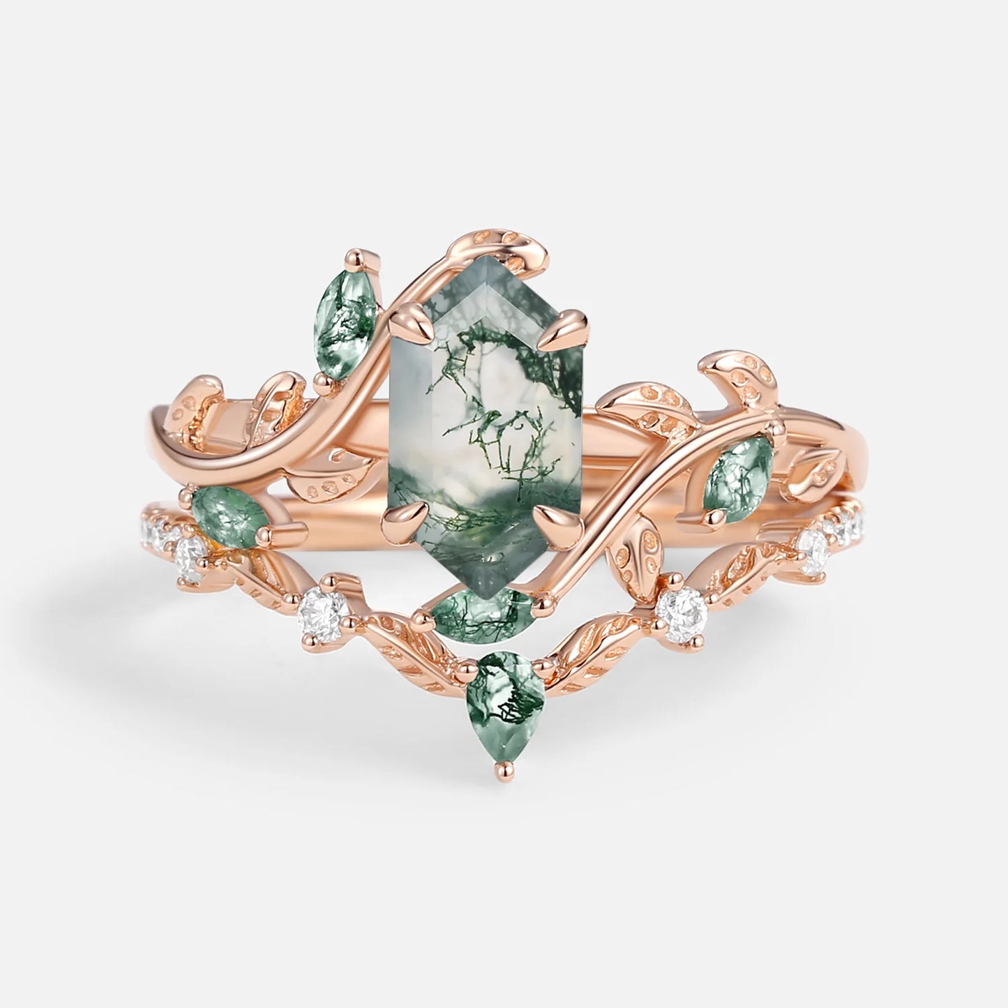 Green Moss Agate Long Hexagon Vine Engagement Ring Set 2Pcs - Daphne