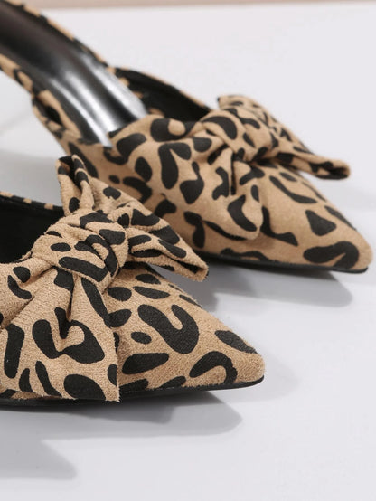 New Arrival Pointed Toe Leopard Print Bow Decor Mid Heel Mules, Fashionable EU Style, Early Autumn