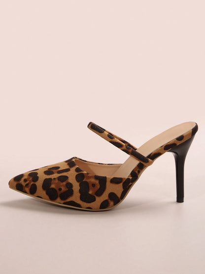 New Arrival Pointed Toe Leopard Print Bow Decor Mid Heel Mules, Fashionable EU Style, Early Autumn