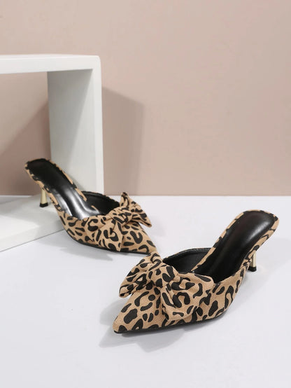 New Arrival Pointed Toe Leopard Print Bow Decor Mid Heel Mules, Fashionable EU Style, Early Autumn