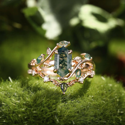 Green Moss Agate Long Hexagon Vine Engagement Ring Set 2Pcs - Daphne