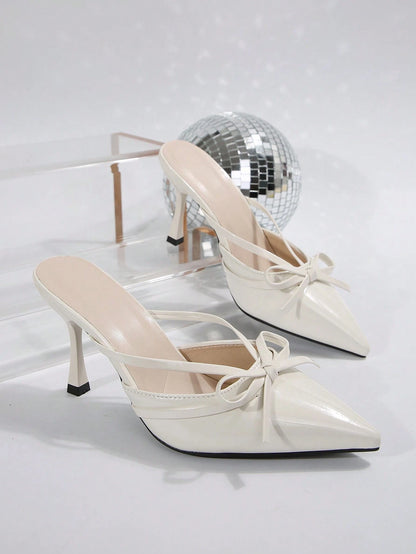 New Arrival Pointed Toe Leopard Print Bow Decor Mid Heel Mules, Fashionable EU Style, Early Autumn