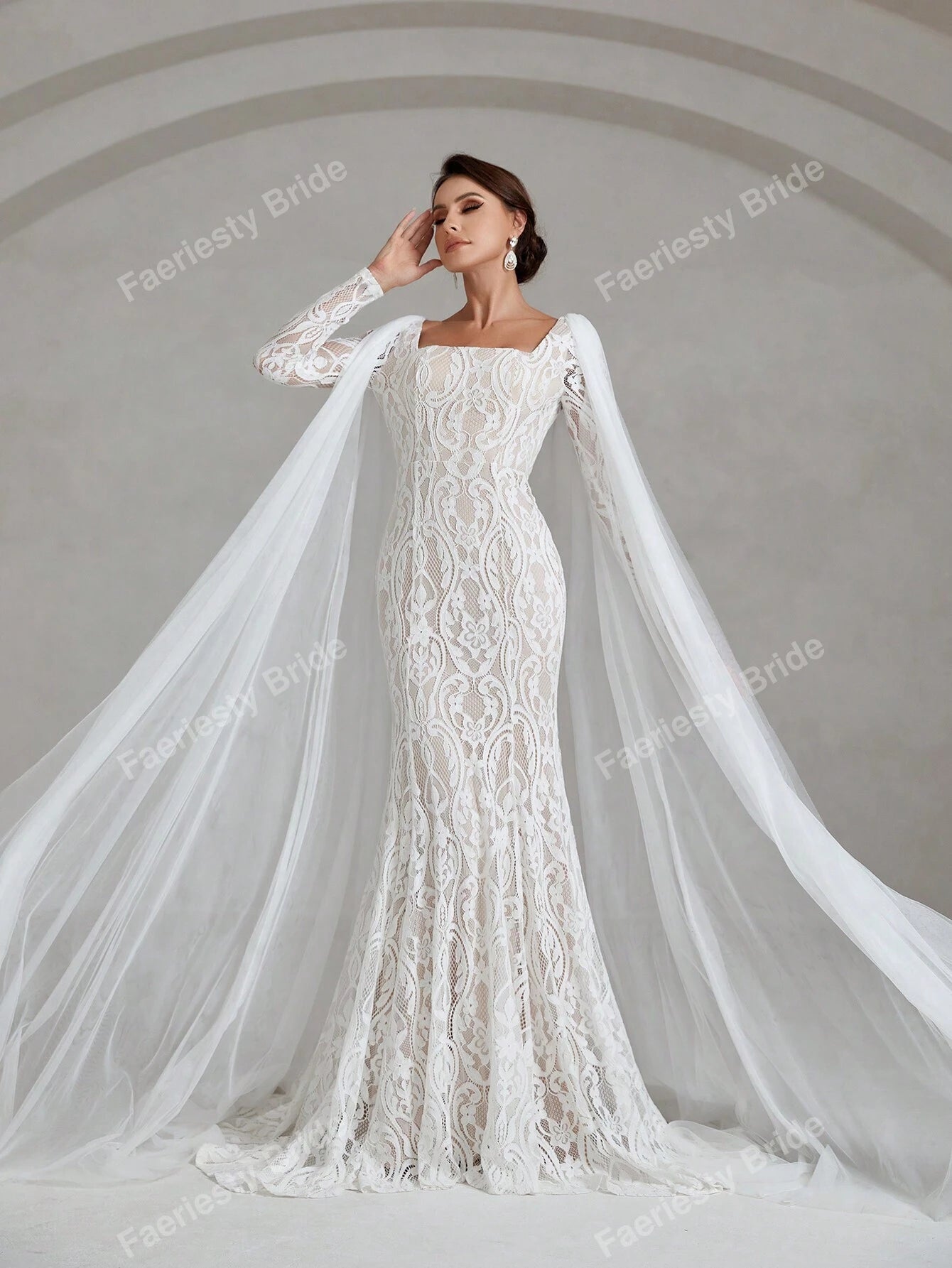 Faeriesty Elegant Square Neckline Long-Sleeve Mermaid Wedding Dress Bridal Gown with Sheer Organza Cape Detailing – Perfect for Church Ceremonies, Formal Galas, Destination Weddings, Luxurious Evening Receptions, and Grand Cathedral Celebrations
