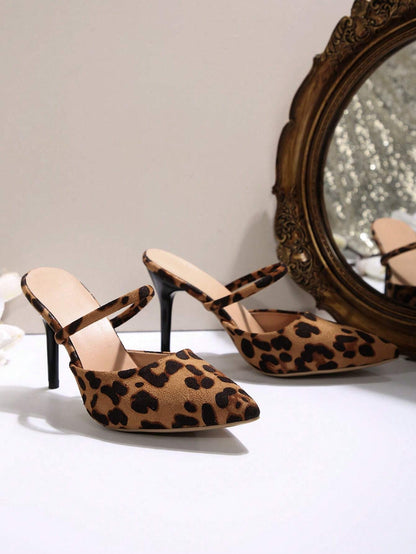New Arrival Pointed Toe Leopard Print Bow Decor Mid Heel Mules, Fashionable EU Style, Early Autumn