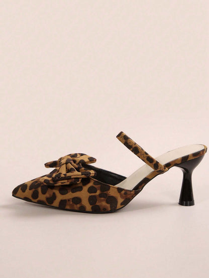 New Arrival Pointed Toe Leopard Print Bow Decor Mid Heel Mules, Fashionable EU Style, Early Autumn