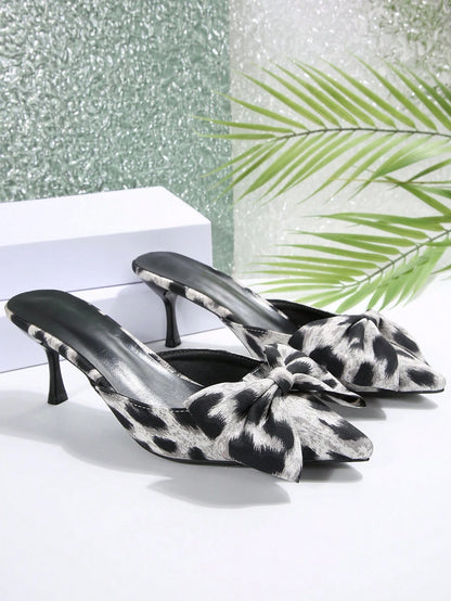 New Arrival Pointed Toe Leopard Print Bow Decor Mid Heel Mules, Fashionable EU Style, Early Autumn
