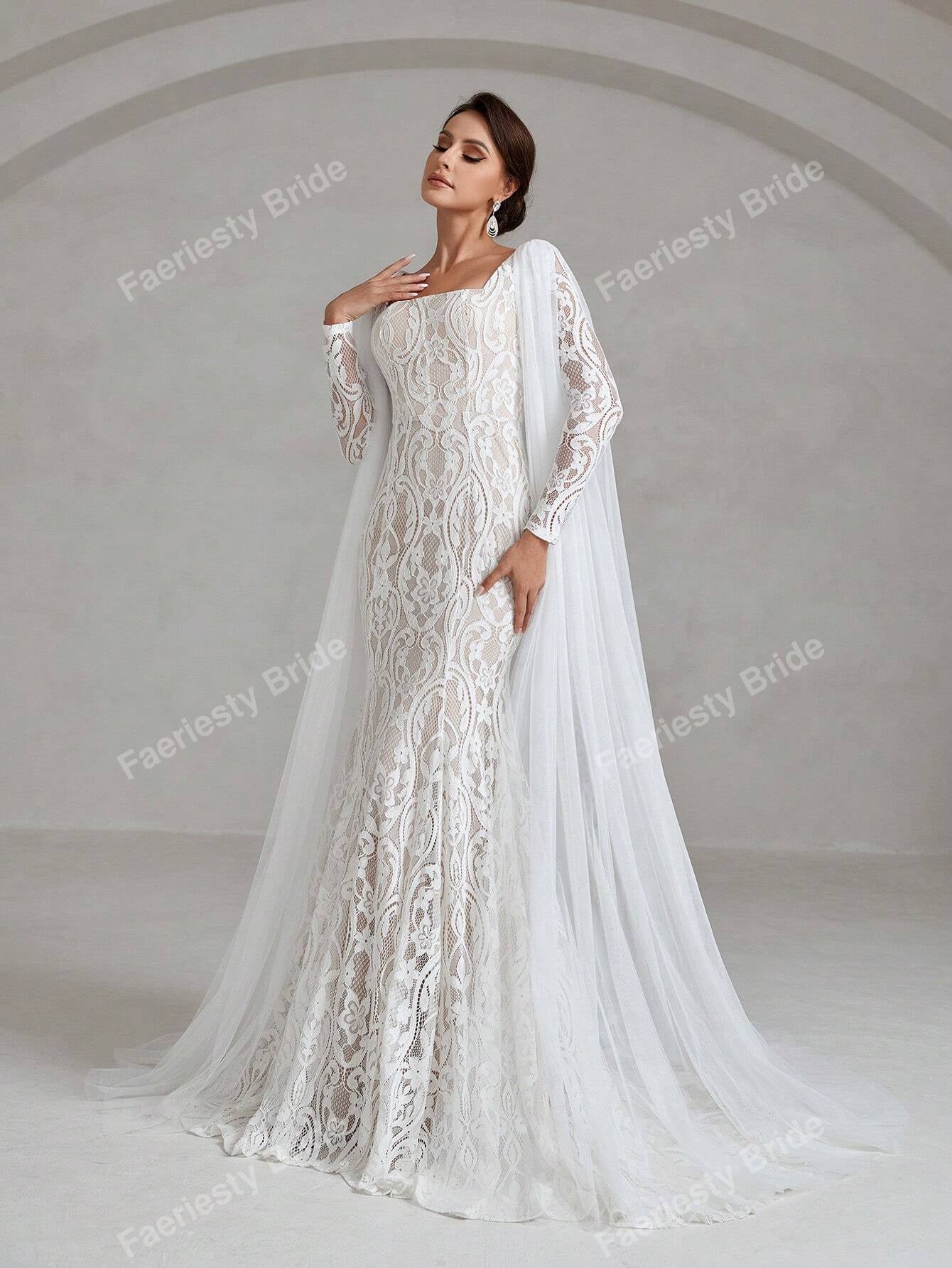 Faeriesty Elegant Square Neckline Long-Sleeve Mermaid Wedding Dress Bridal Gown with Sheer Organza Cape Detailing – Perfect for Church Ceremonies, Formal Galas, Destination Weddings, Luxurious Evening Receptions, and Grand Cathedral Celebrations
