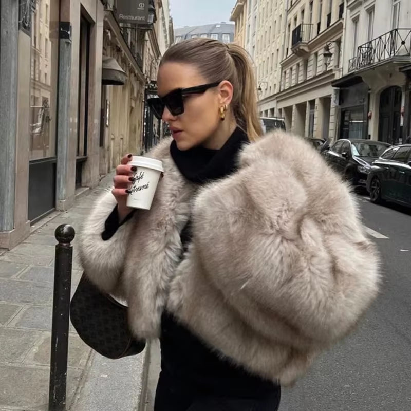 Luxury Gradient Faux Fur Cropped Coat for Women - Iconic Street Fashion Winter 2024 Collection