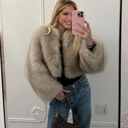 Luxury Gradient Faux Fur Cropped Coat for Women - Iconic Street Fashion Winter 2024 Collection